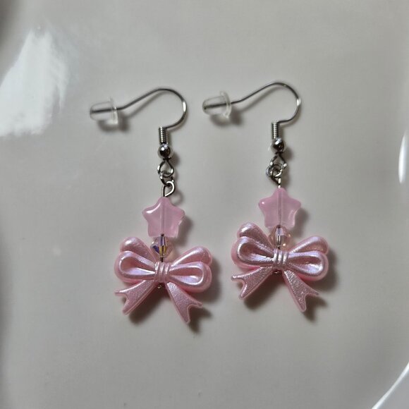 Pink Bow Earrings Handmade - Picture 2 of 3